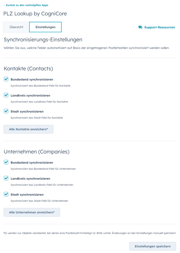 Settingspage von PLZ Lookup App