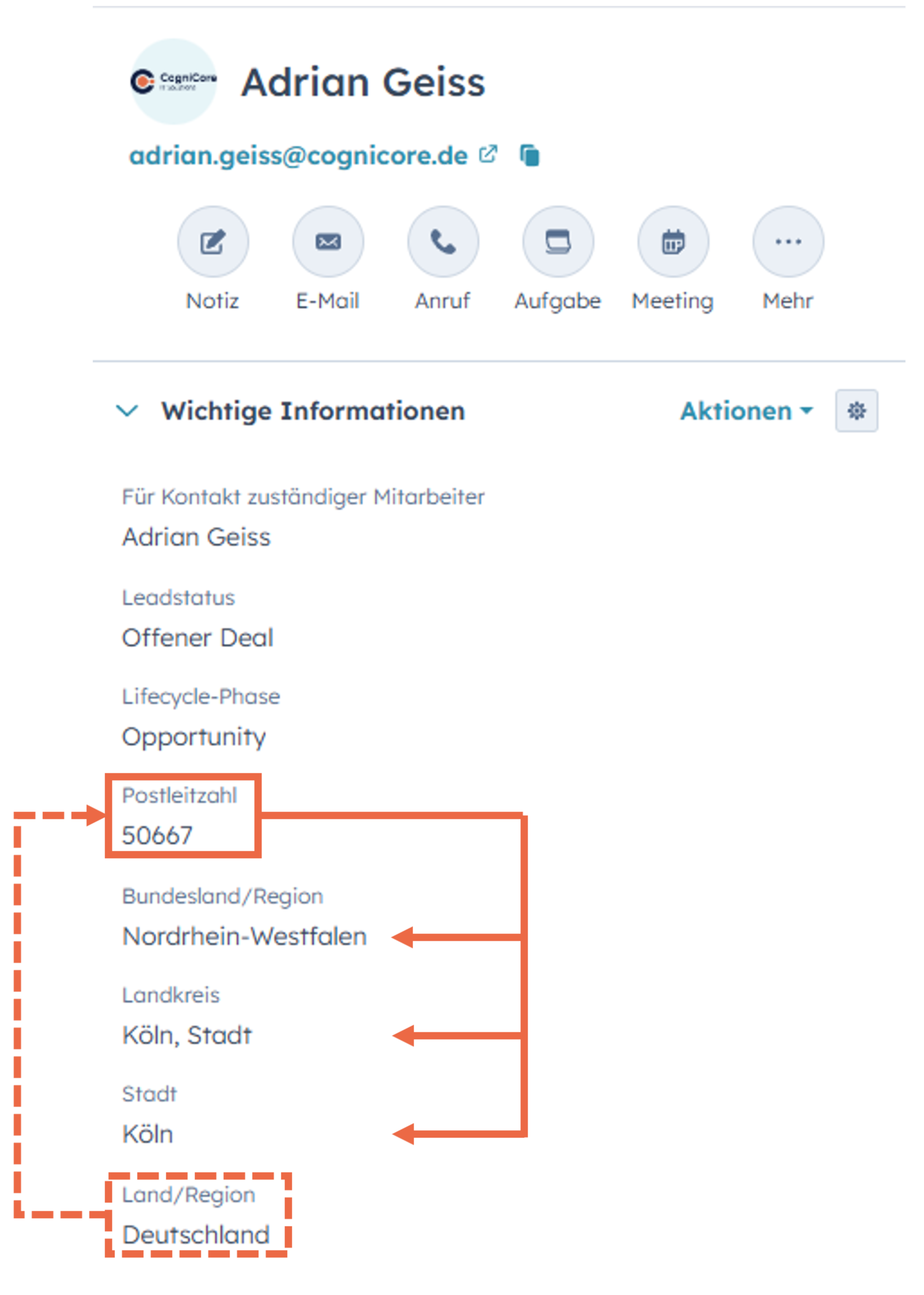 Kontaktkarte mit angereicherten Standortfeldern, nur auf Basis der PLZ und des Landes