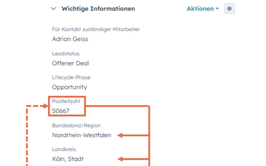 PLZ Lookup App: HubSpot-Kontaktkarte, ergänzt um Bundesland, Landkreis und Stadt