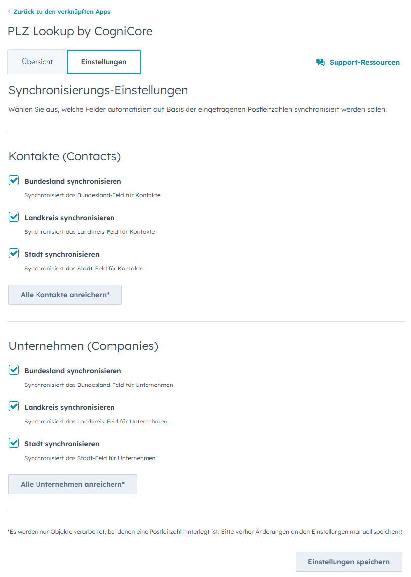 Einstellungsseite der PLZ Lookup App